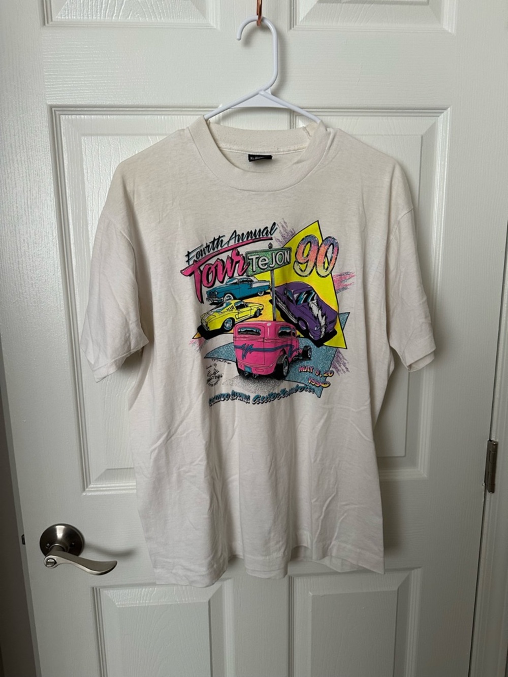 Vintage Style Graphic Tejon 90 Tour T-Shirt - White with Neon Cars